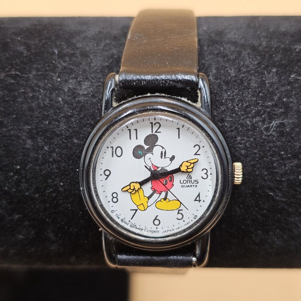 Vintage Lorus Mickey Mouse Watch Black Plastic Case V811-0070 Disney Quartz